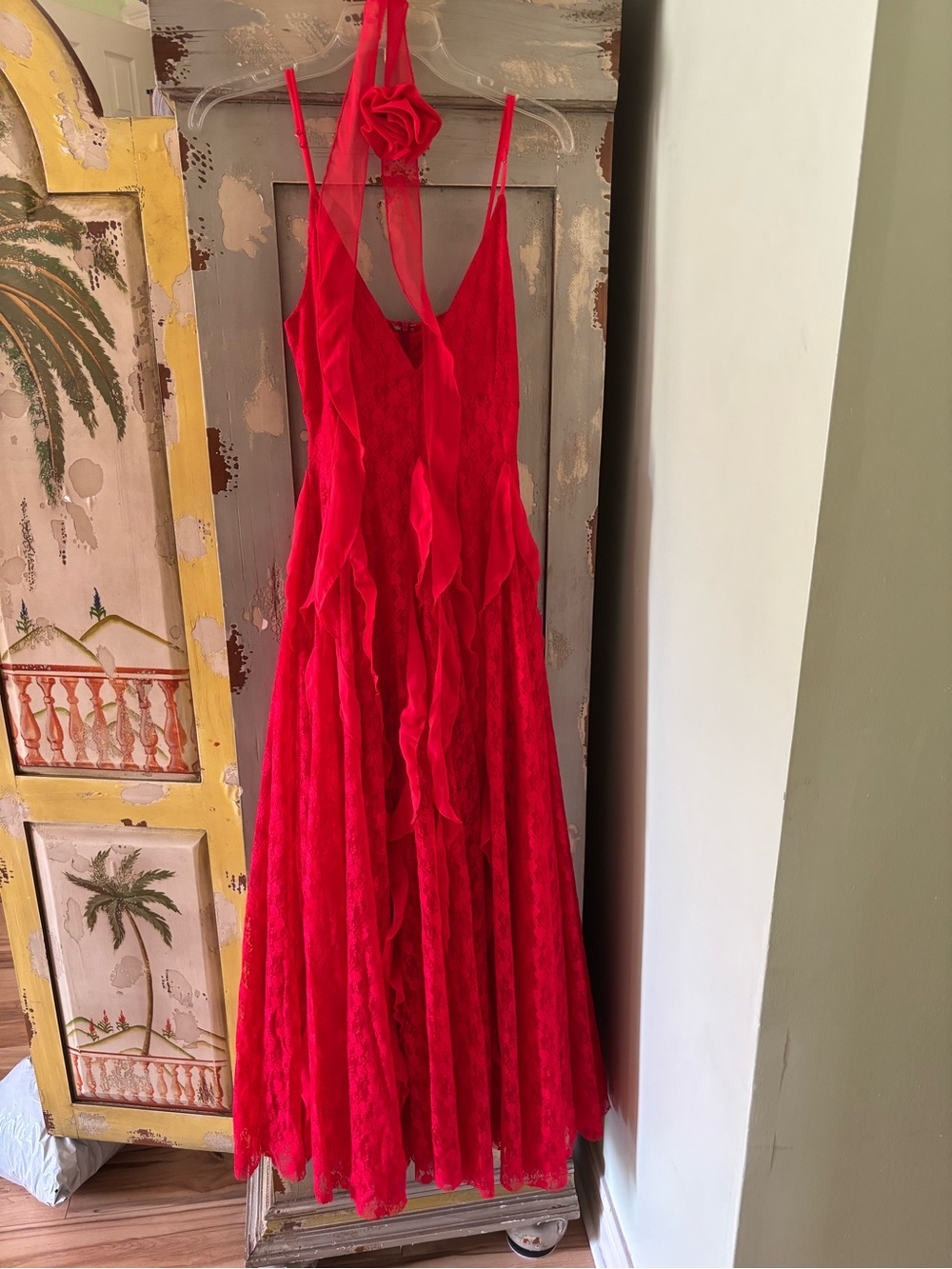 AKIRA Red Lace Ruffle Maxi Dress